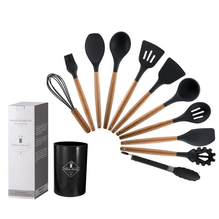 12Pcs Wooden Handle Silicone Kitchen Utensils